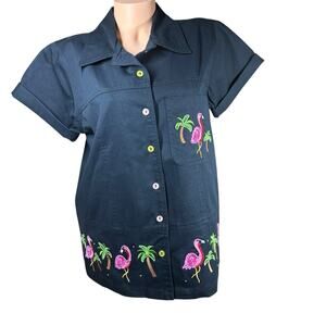 Quacker Factory Black Tropical Denim Jacket Flamingo Embroidered Short Sleeve M